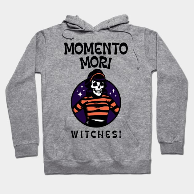 “Momento Mori, Witches!” Retro Halloween Skeleton Woman Hoodie by Tickle Shark Designs